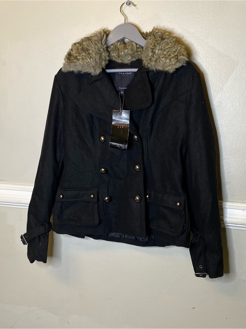 therapy Black Double-Breasted Peacoat with Faux Fur Collar